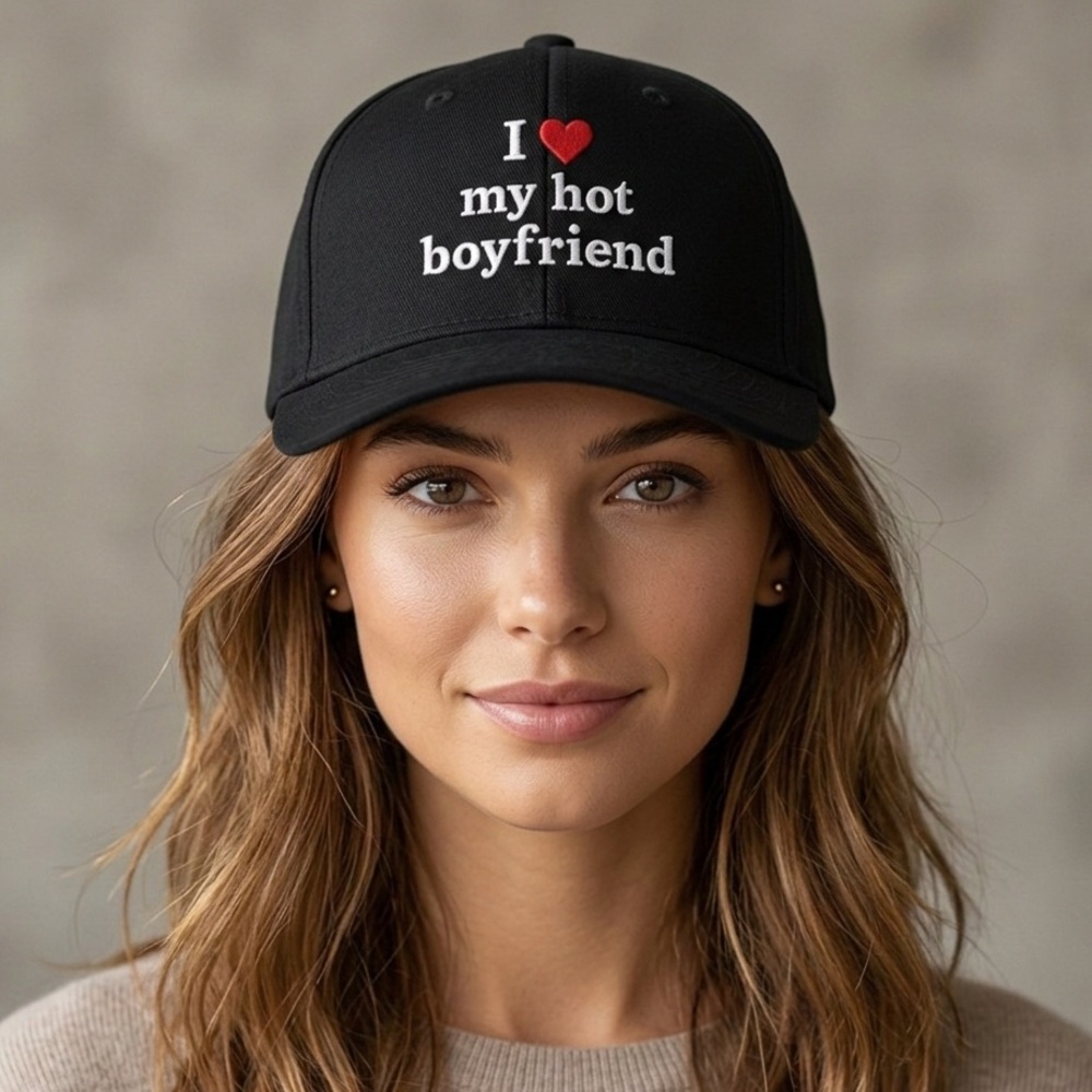 I ❤️ My Hot Boyfriend Hat Black Embroidered Valentines Cute Couples Gift Trend